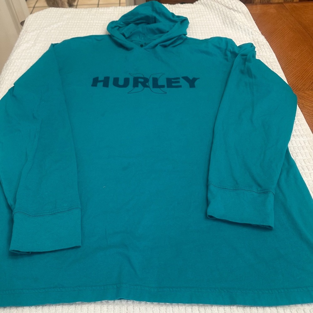 Hurley Hoodie Shirt Mens XL Teal Blue Long Sleeve Graphic Tee Surf Spellout
